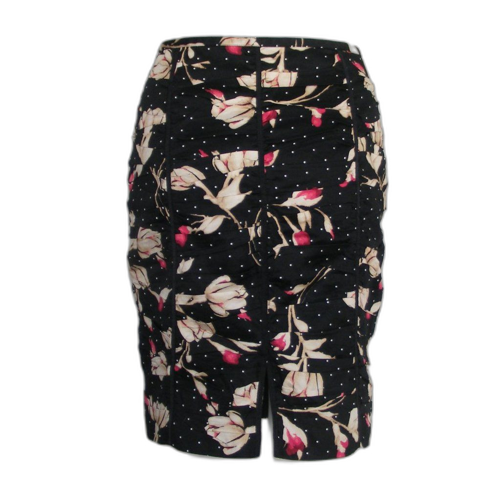 WHBM Skirt, 8, Black/Tan & Pink Floral/White Polka Dots, Ruched, Romantic,wiggle - Picture 4 of 10